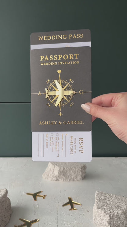 Boarding Pass Invitation, Black and Gold Passport Wedding Invitations