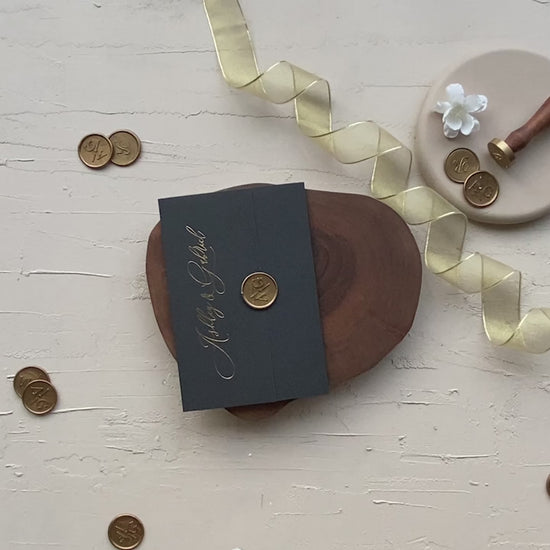 Acrylic wedding invitation with Black Jacket gold foil names and custom wax seal