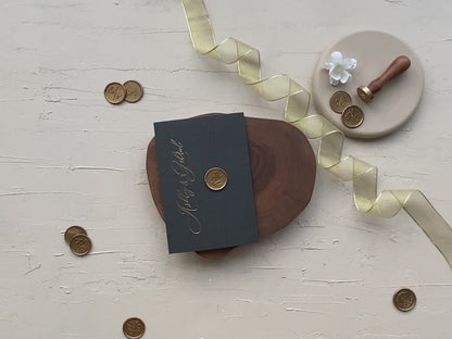 Acrylic wedding invitation with Black Jacket gold foil names and custom wax seal