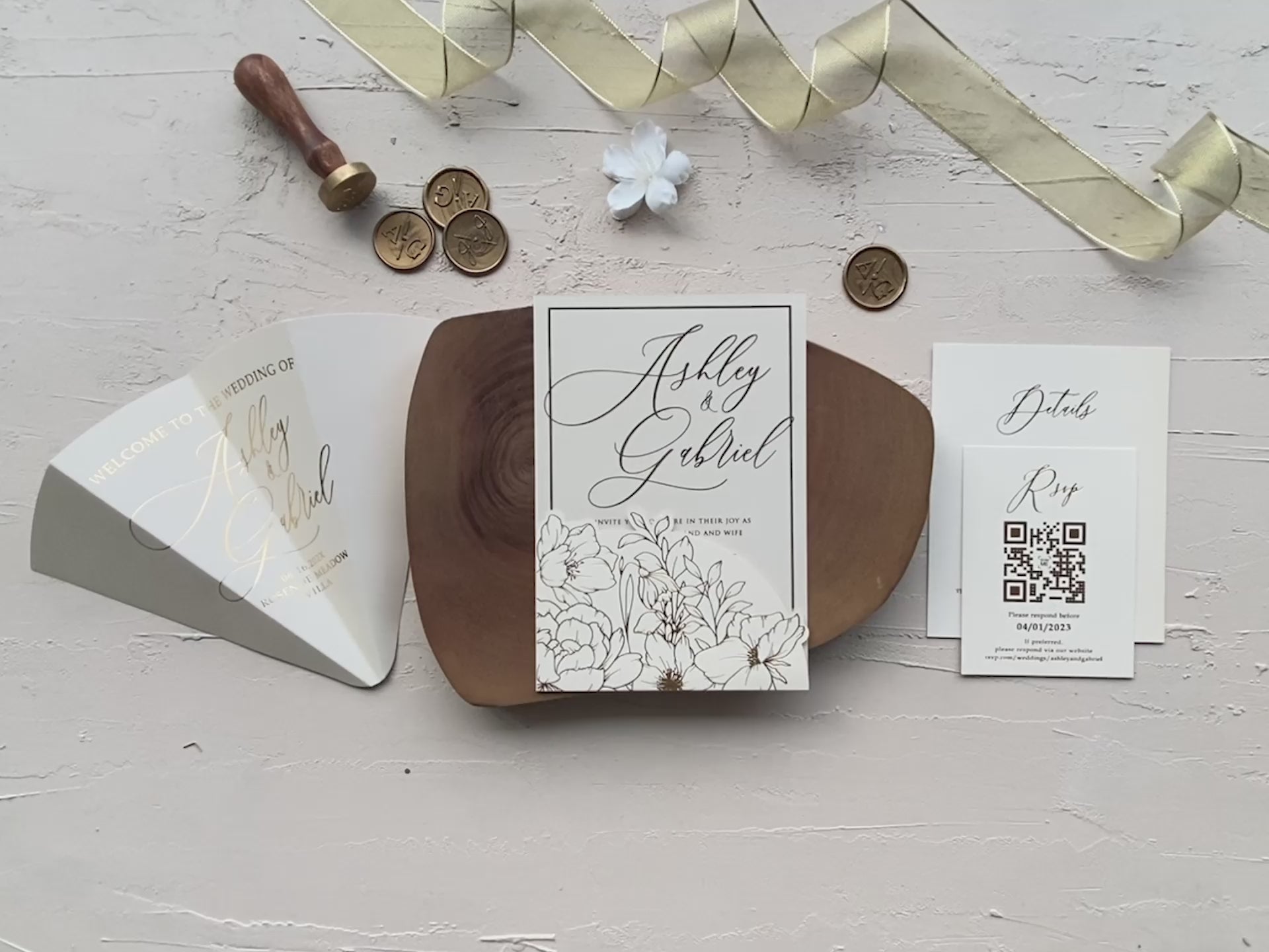 Ivory & Gold Acrylic Wedding Invitation with Floral Envelope
