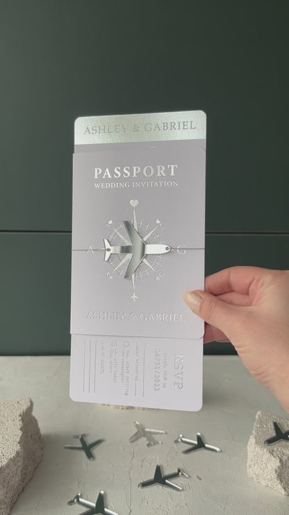 White Passport Wedding Invitations with Silver Foil | Acrylic Plane Accessory