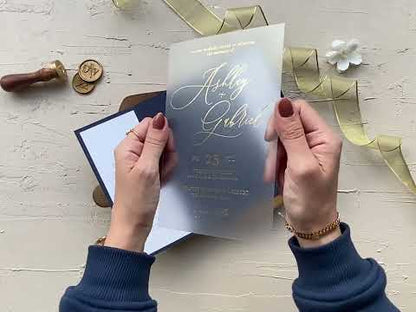 Navy Blue and Gold Wedding Invitations with QR Code RSVP