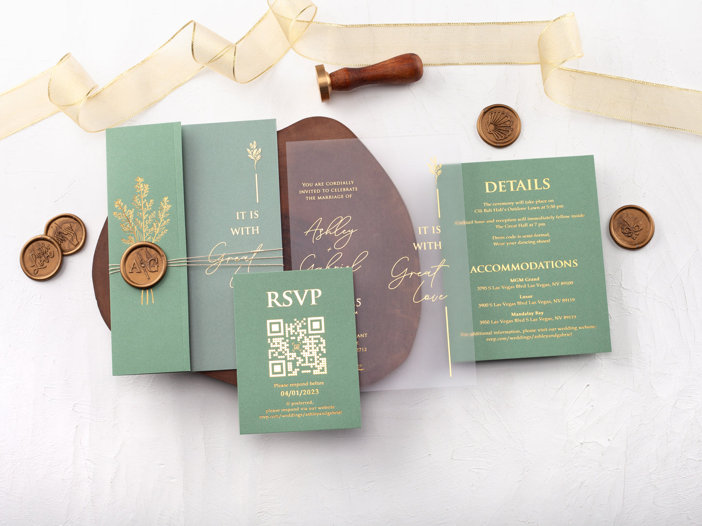 Gold Foiled Acrylic Invitations with Sage Green Half Jackets