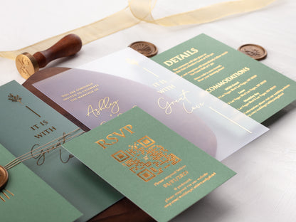 Gold Foiled Acrylic Invitations with Sage Green Half Jackets