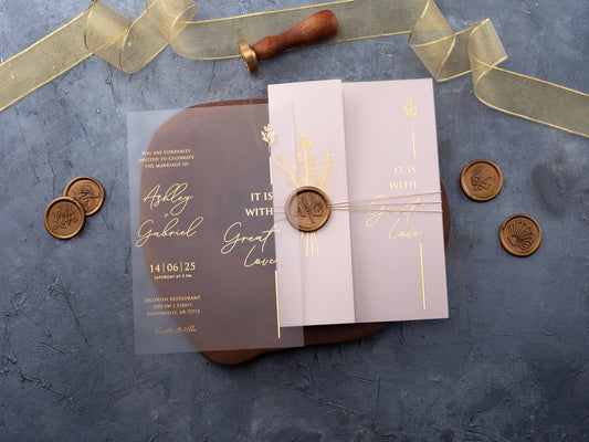 Gold Foiled Acrylic Invitations with Blush Pink Half Jackets