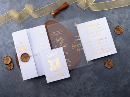 Gold Foiled Acrylic Invitations with White Half Jackets