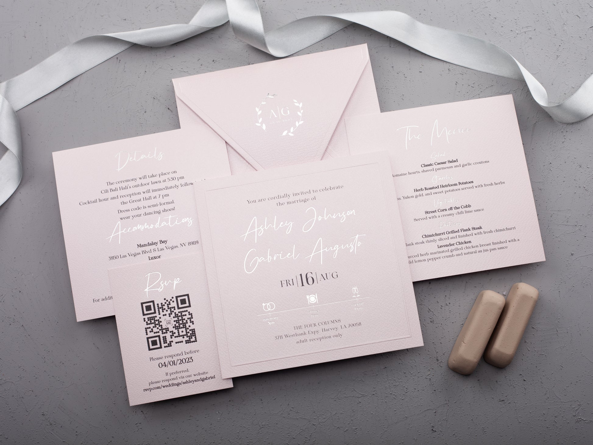 Pink Paper Wedding Invitations with Silver Foil