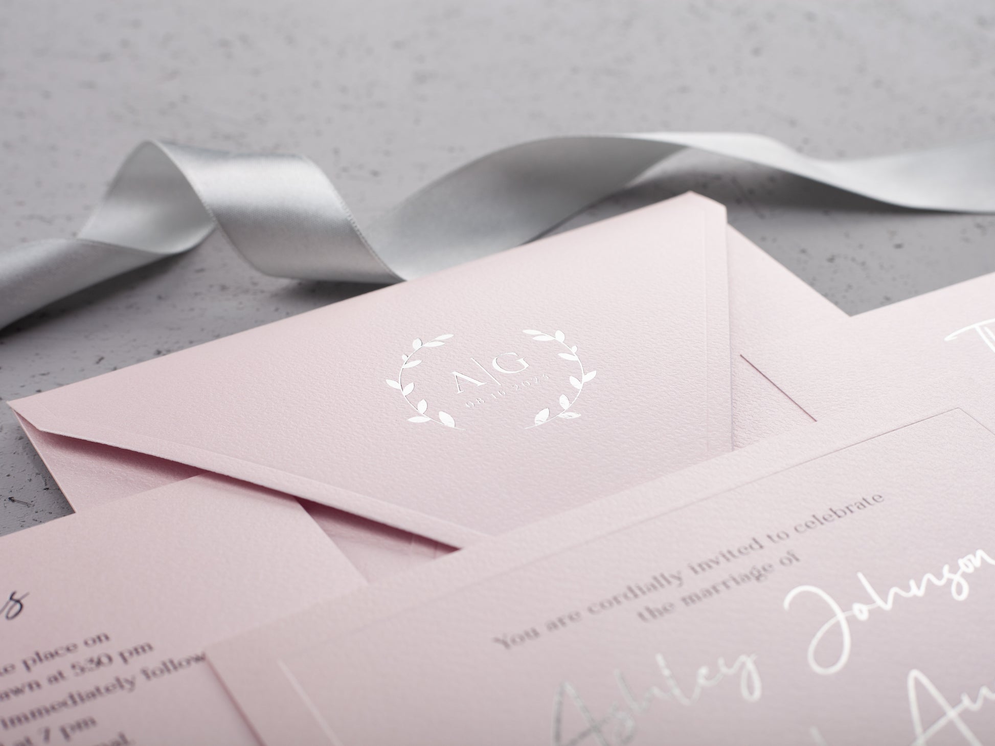 Pink Paper Wedding Invitations with Silver Foil