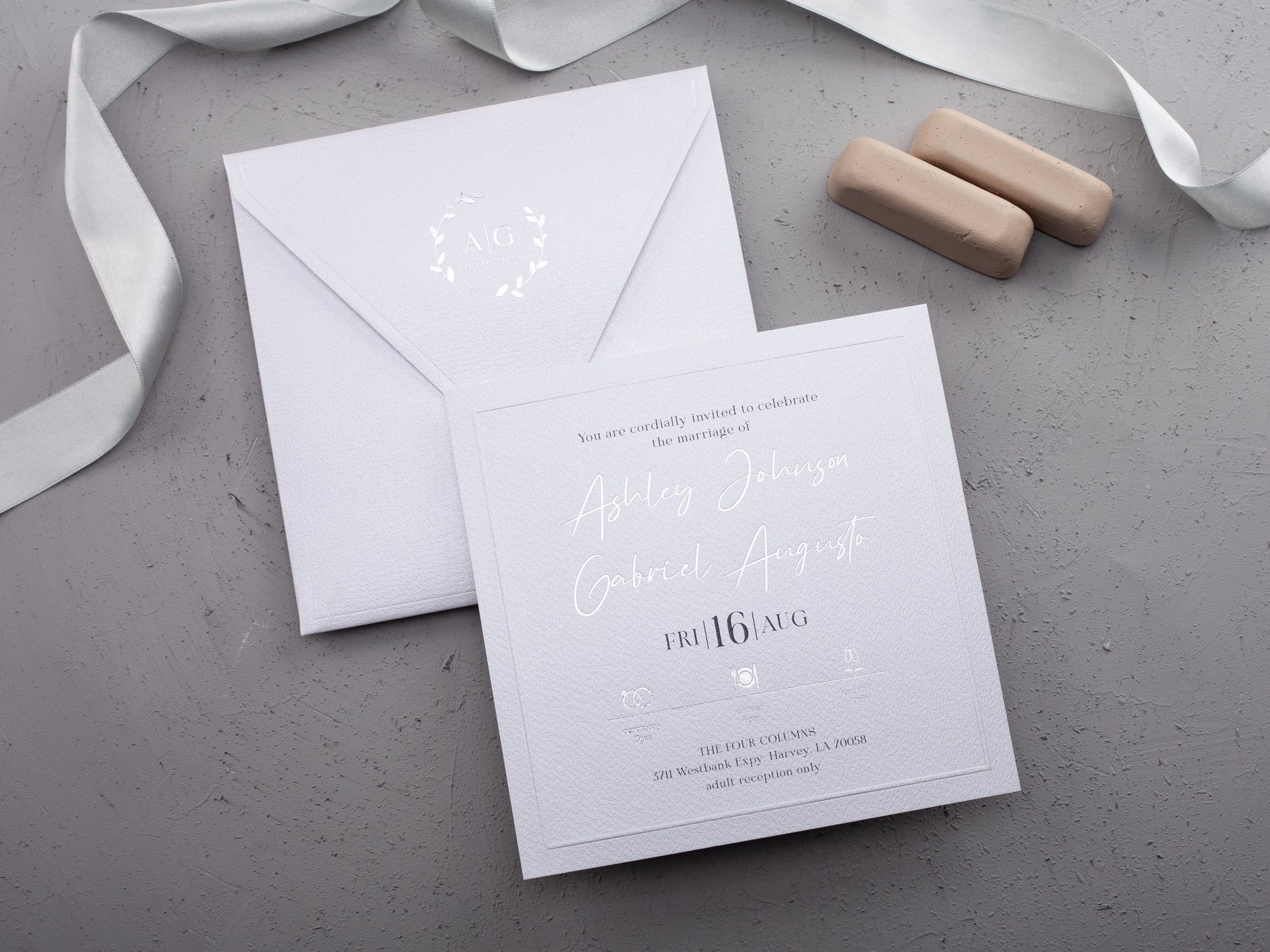 White Paper Wedding Invitations with Silver Foil
