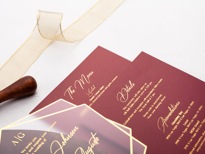 Burgundy Acrylic Wedding Invitations with Gold Foil Printing