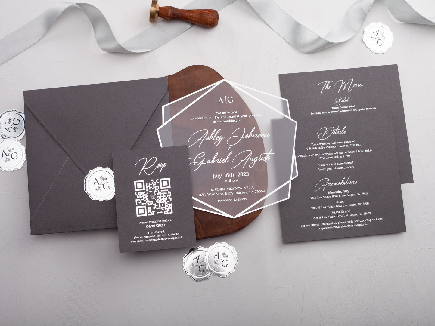 Gray Acrylic Wedding Invitations with Silver Foil Printing