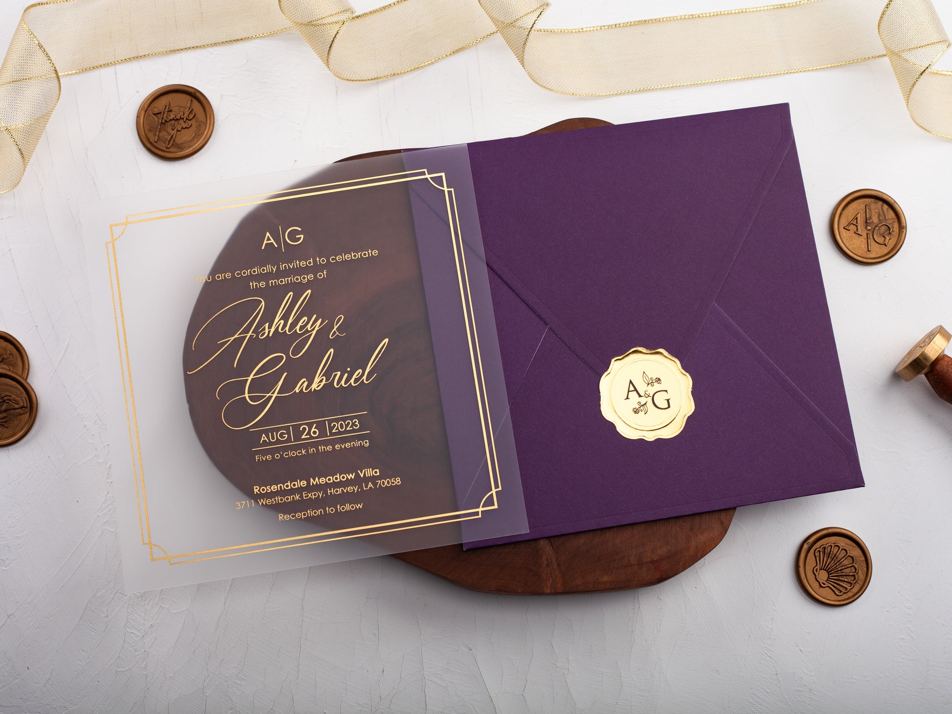 Gold Foiled Acrylic Wedding Invitations with Purple Envelopes