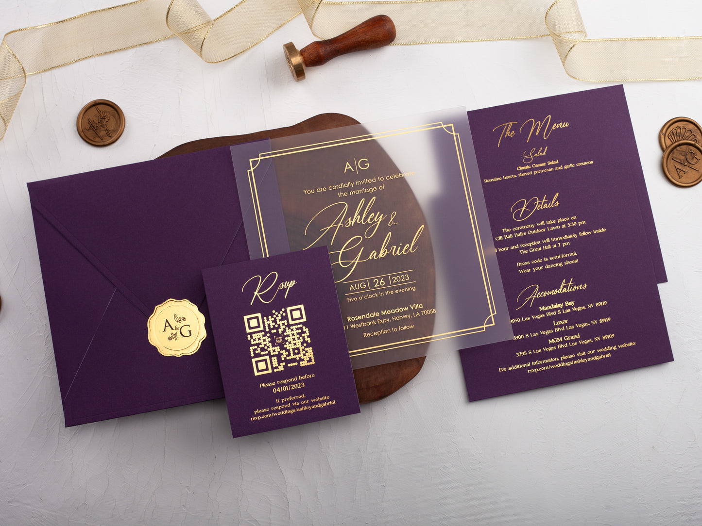 Gold Foiled Acrylic Wedding Invitations with Purple Envelopes