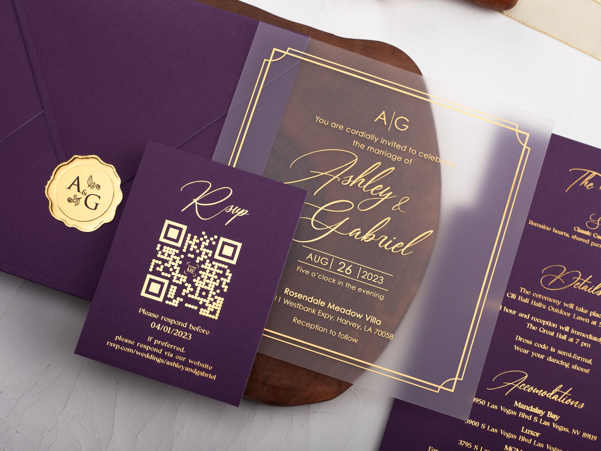 Gold Foiled Acrylic Wedding Invitations with Purple Envelopes