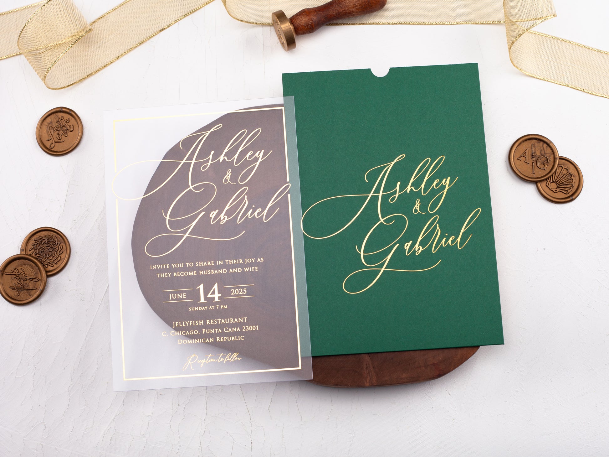 Emerald Green Acrylic Wedding Invitation with Gold Foil Printed