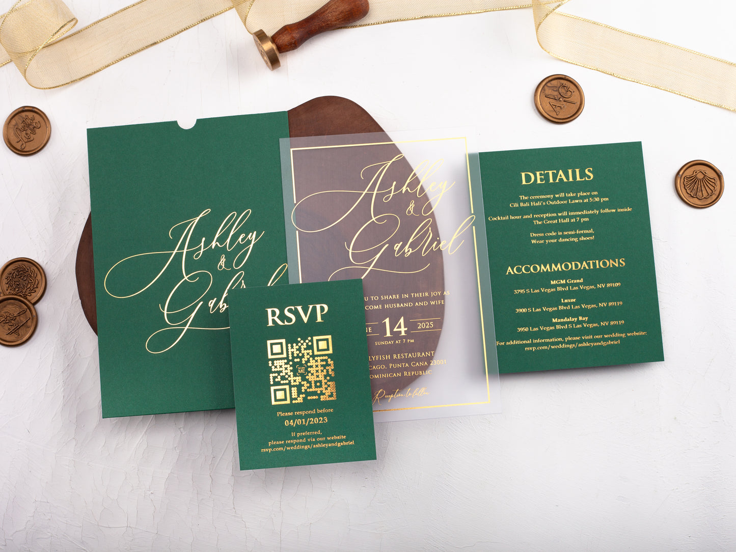 Emerald Green Acrylic Wedding Invitation with Gold Foil Printed