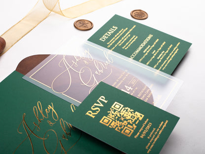 Emerald Green Acrylic Wedding Invitation with Gold Foil Printed