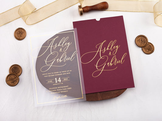 Elegant Acrylic Wedding Invitation with Burgundy Sleeve Envelope