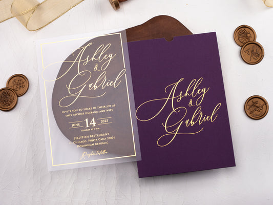 Gold Foil Printed Acrylic Wedding Invitation | Purple Envelope