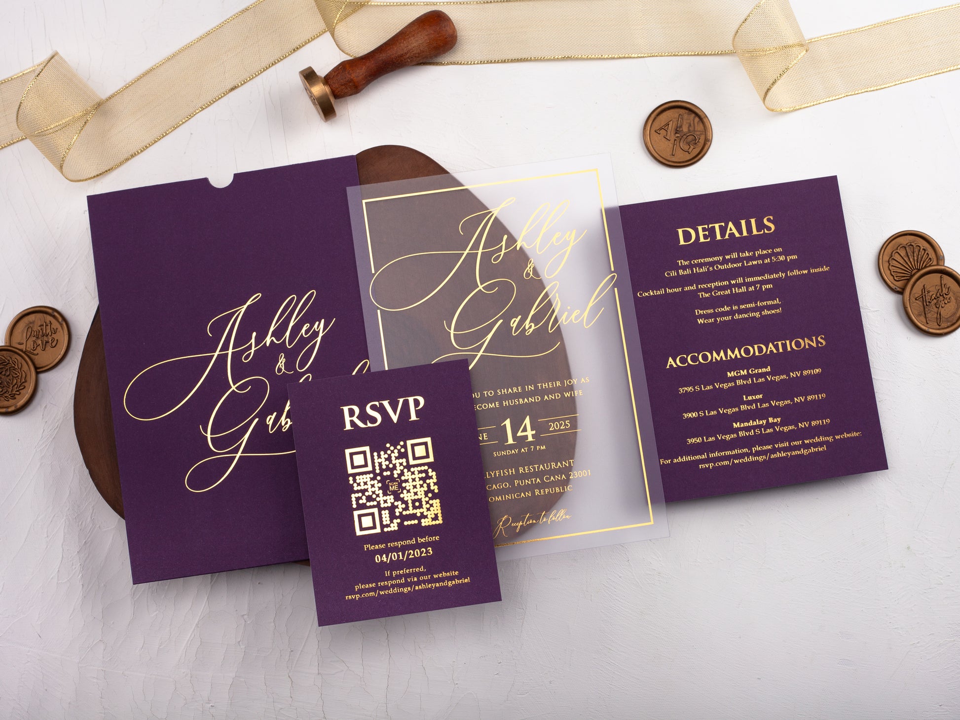 Gold Foil Printed Acrylic Wedding Invitation | Purple Envelope