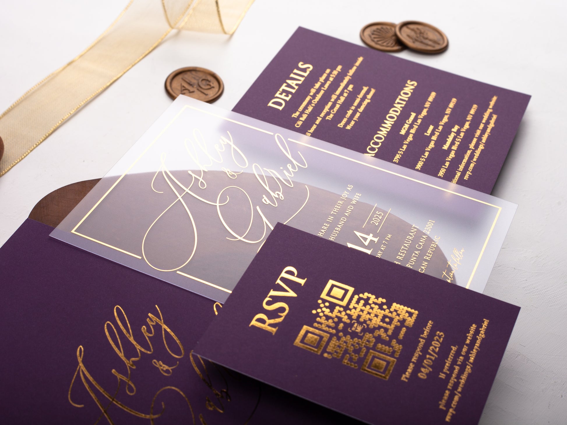 Gold Foil Printed Acrylic Wedding Invitation | Purple Envelope