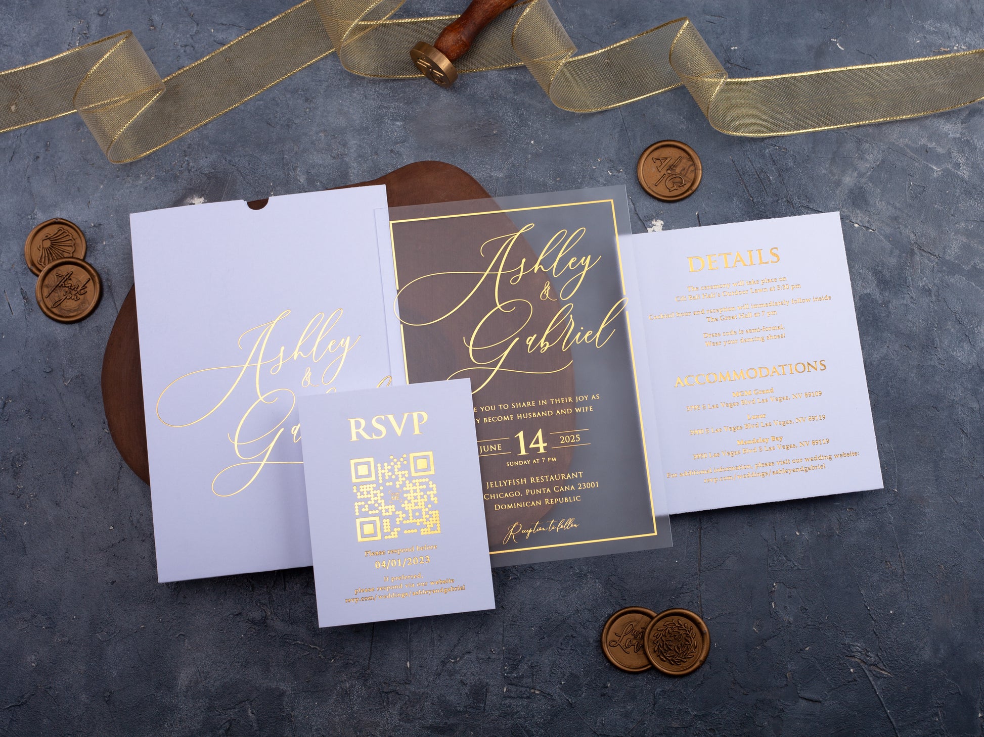 White Sleeve Envelope | Gold Foil Printed Acrylic Wedding Card