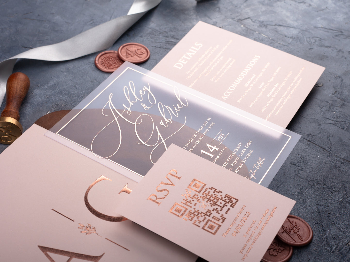 Rose Gold Foil Printed Acrylic Wedding Invitation | Blush Pink Envelope
