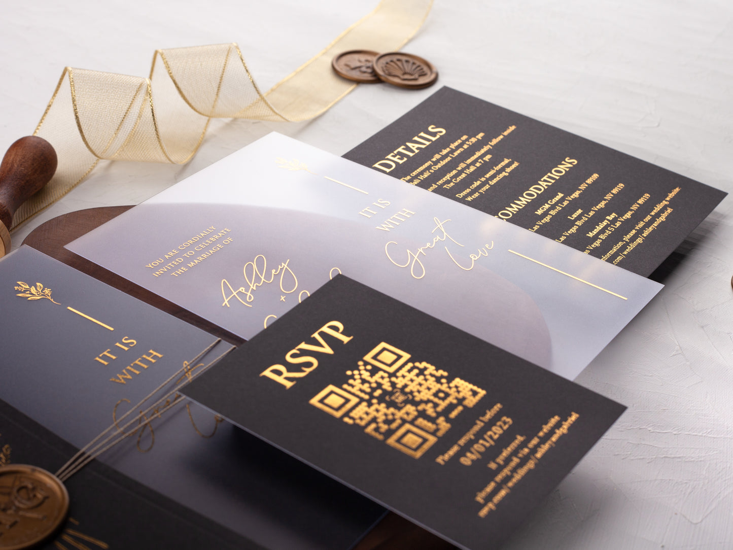 Gold Foiled Acrylic Invitations with Black Half Jackets
