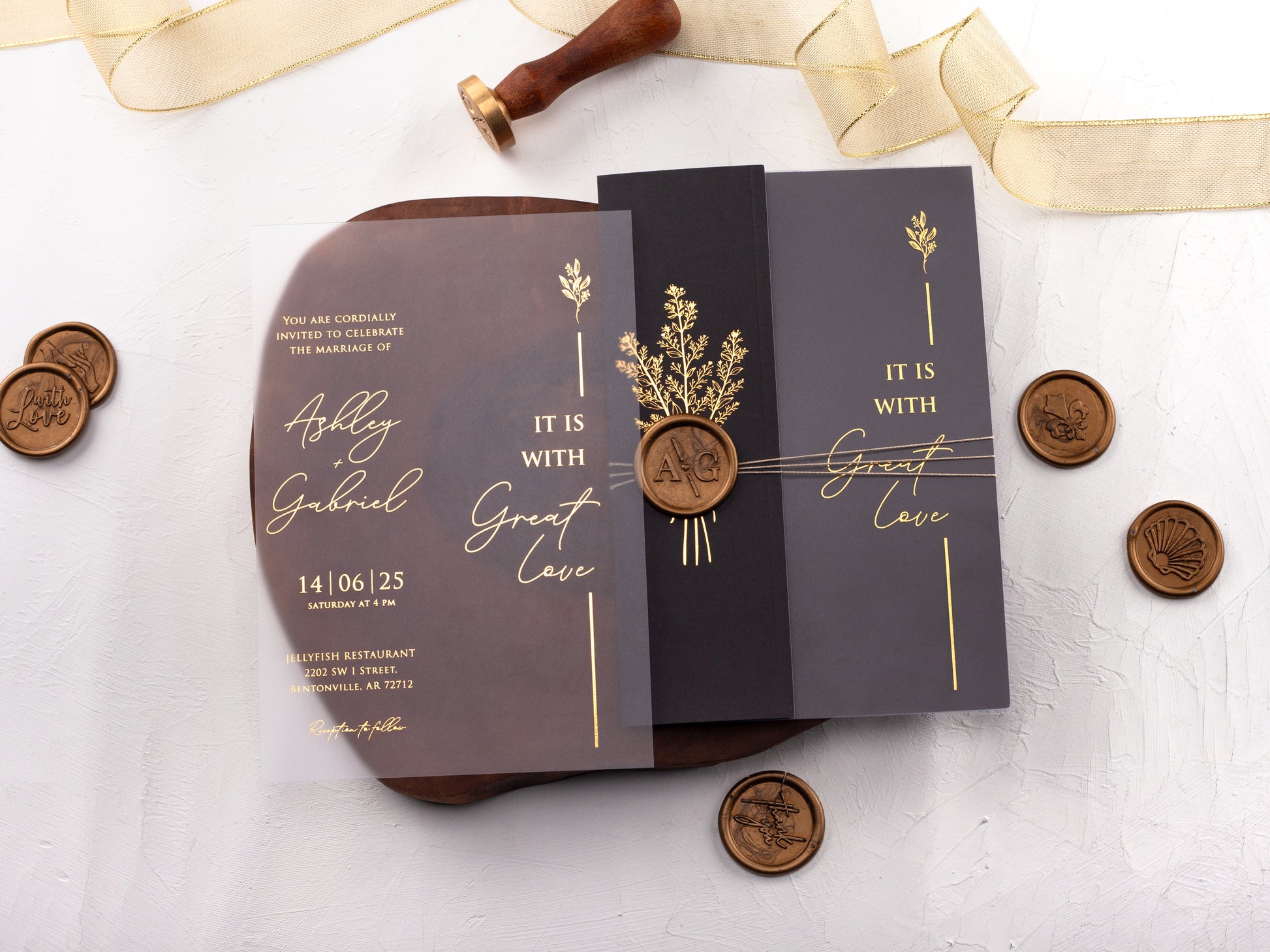 Gold Foiled Acrylic Invitations with Black Half Jackets