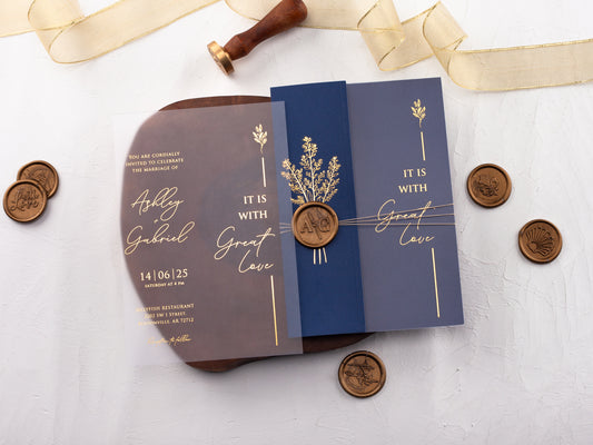 Gold Foiled Acrylic Invitations with Navy Blue Half Jackets