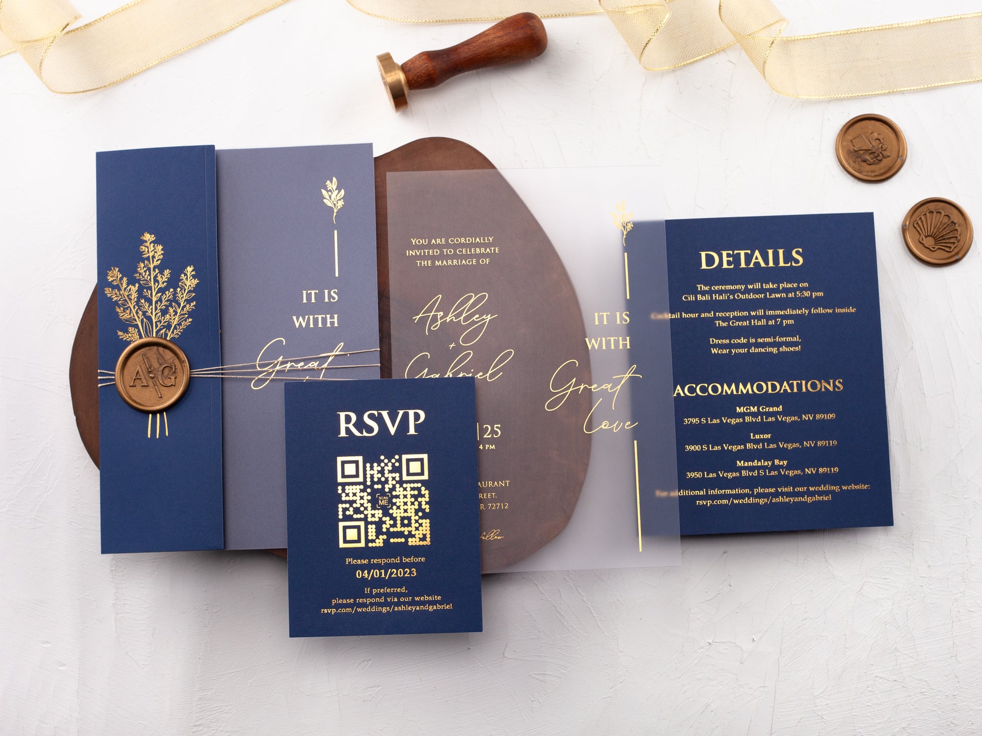 Gold Foiled Acrylic Invitations with Navy Blue Half Jackets