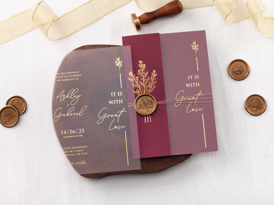 Gold Foiled Acrylic Invitations with Burgundy Half Jackets