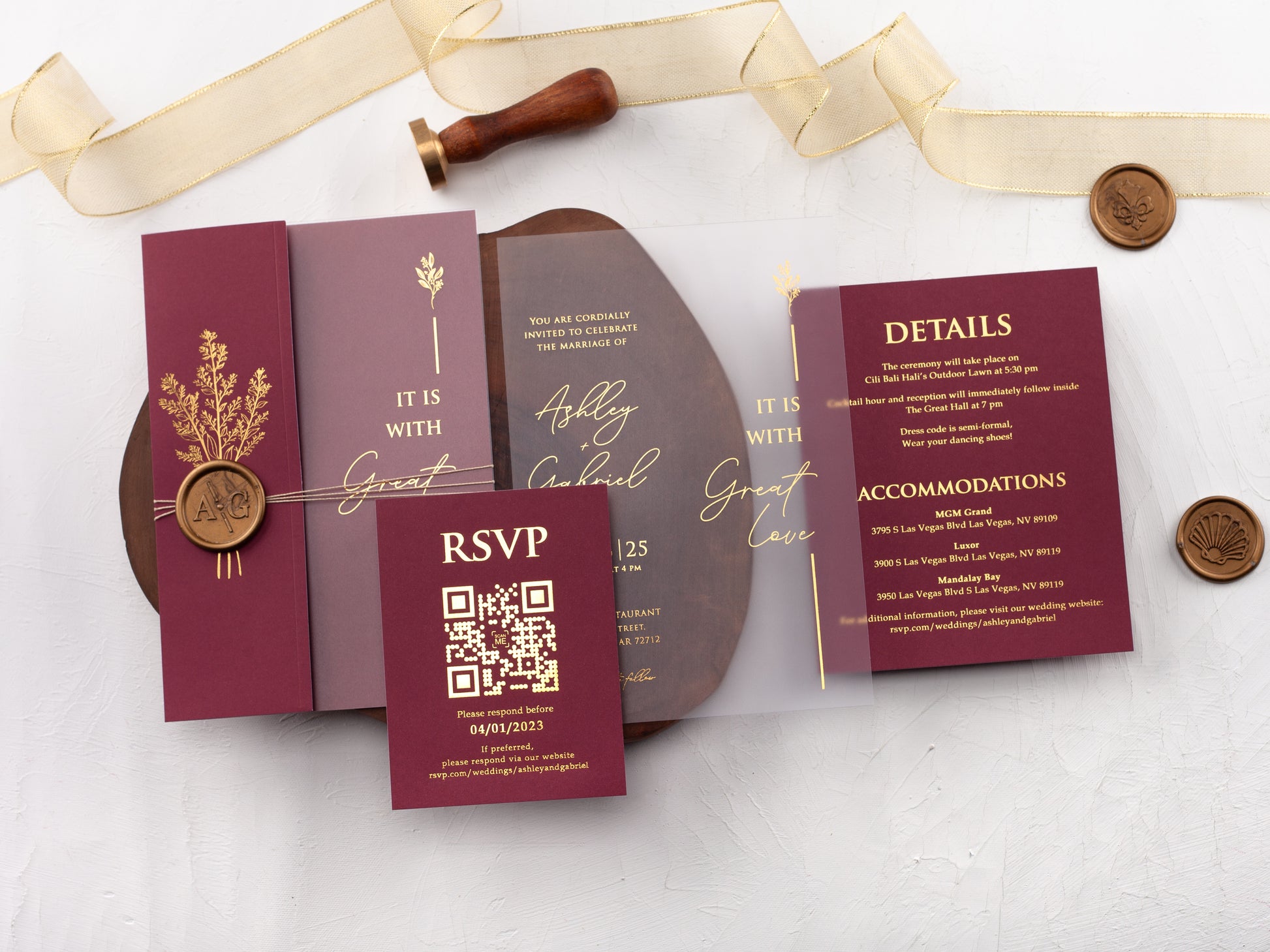 Gold Foiled Acrylic Invitations with Burgundy Half Jackets