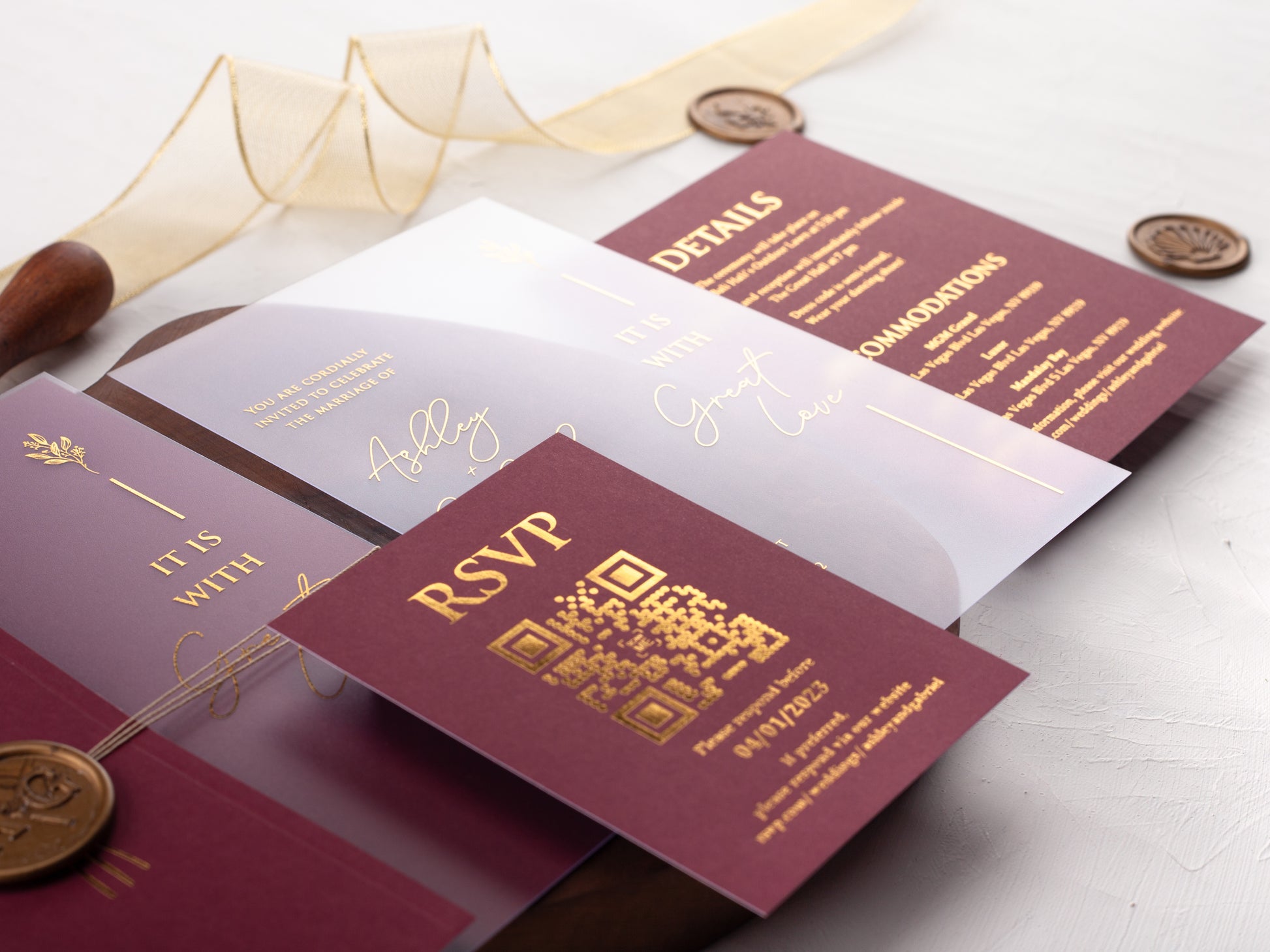 Gold Foiled Acrylic Invitations with Burgundy Half Jackets