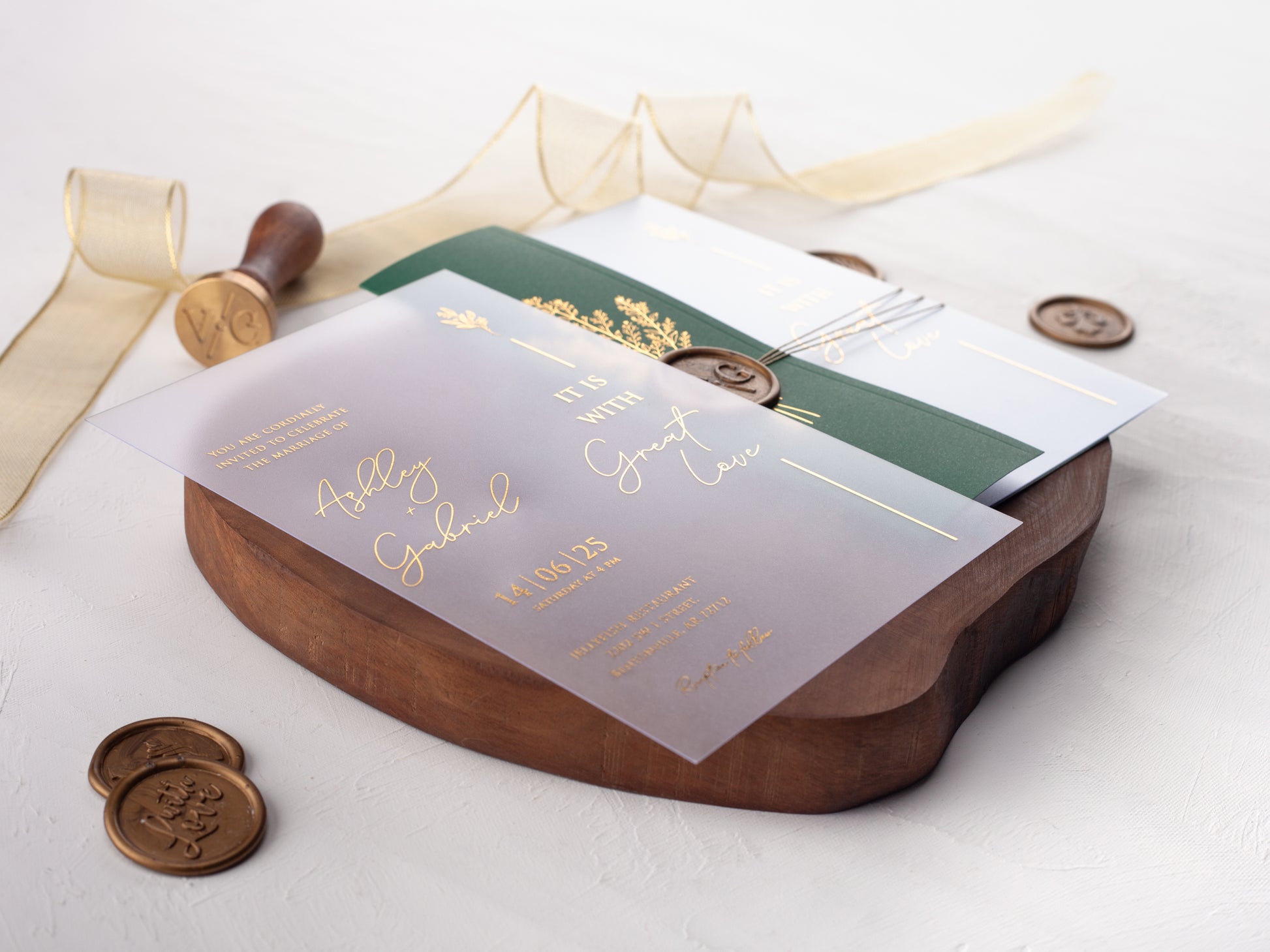 Gold Foiled Acrylic Invitations with Emerald Green Half Jackets