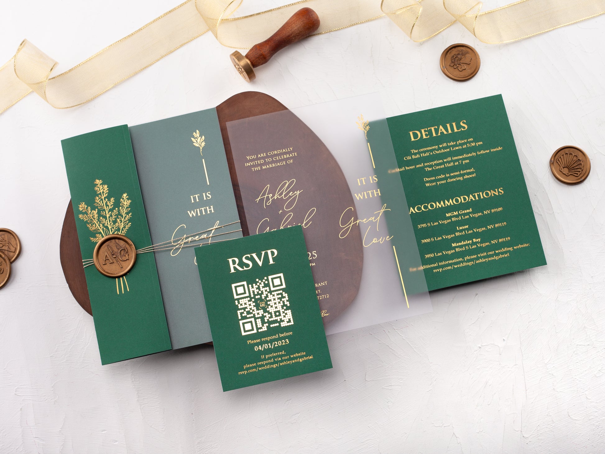 Gold Foiled Acrylic Invitations with Emerald Green Half Jackets