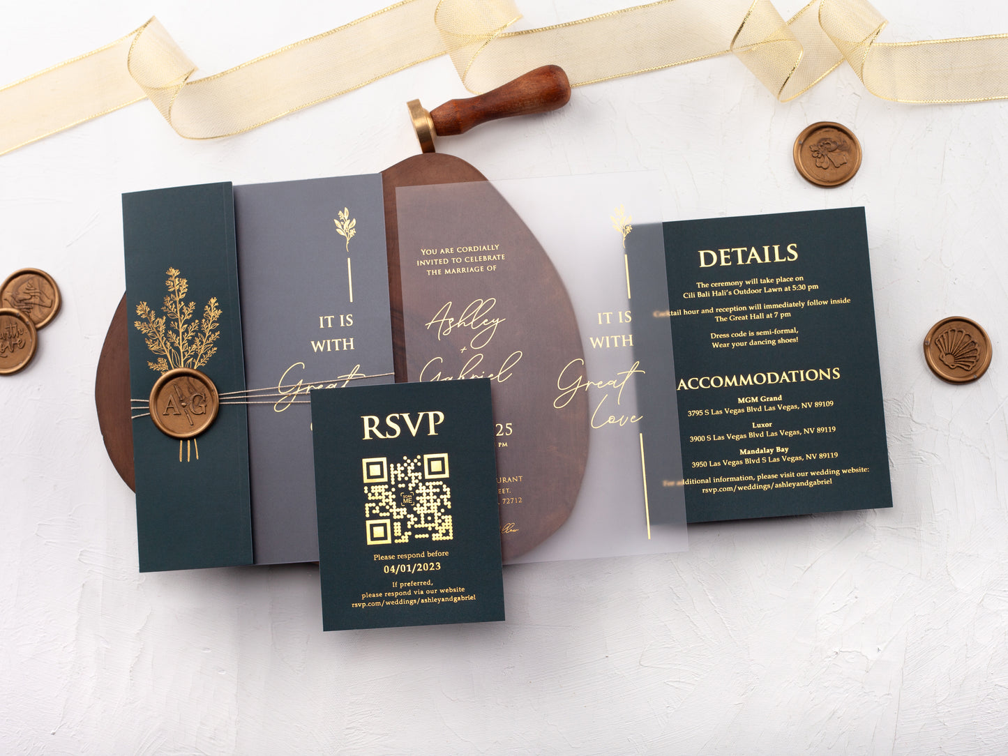 Gold Foiled Acrylic Invitations with Dark Green Half Jackets