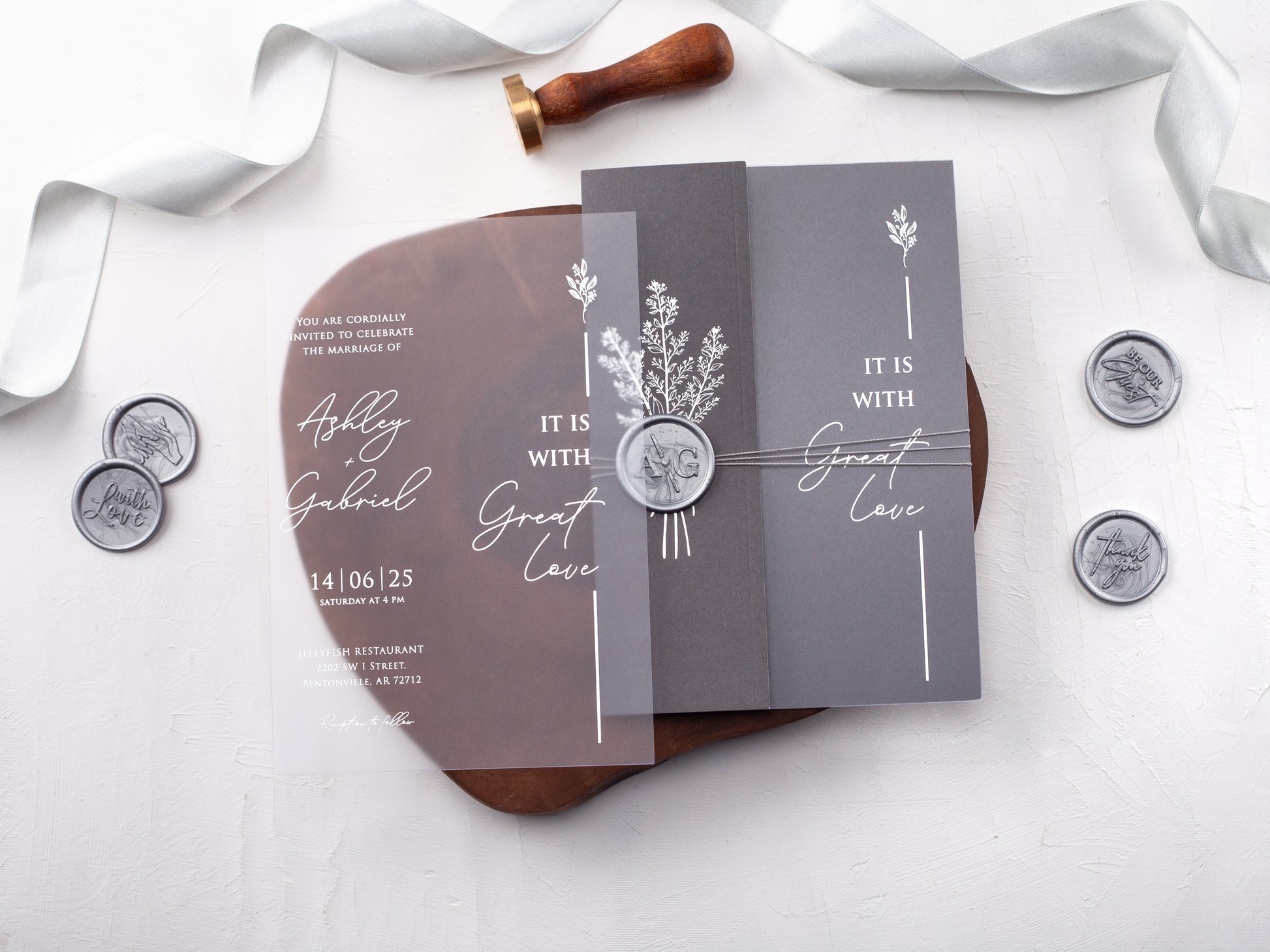 Silver Foiled Acrylic Invitations with Gray Half Jackets