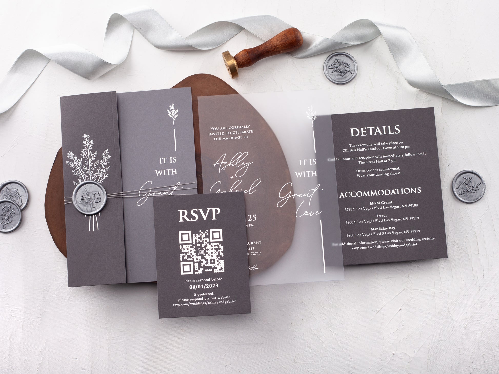 Silver Foiled Acrylic Invitations with Gray Half Jackets