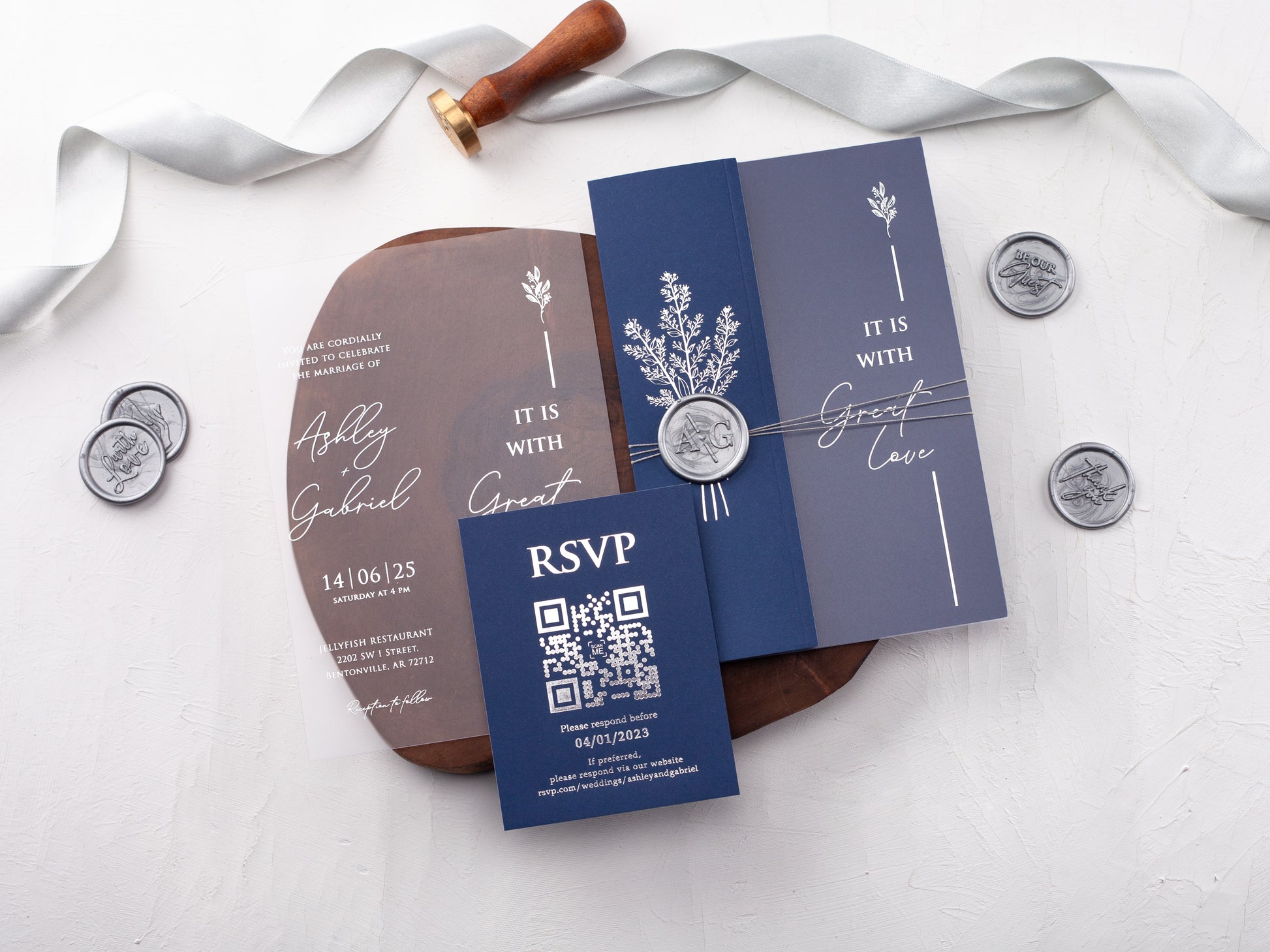 Silver Foiled Acrylic Invitations with Navy Blue Half Jackets