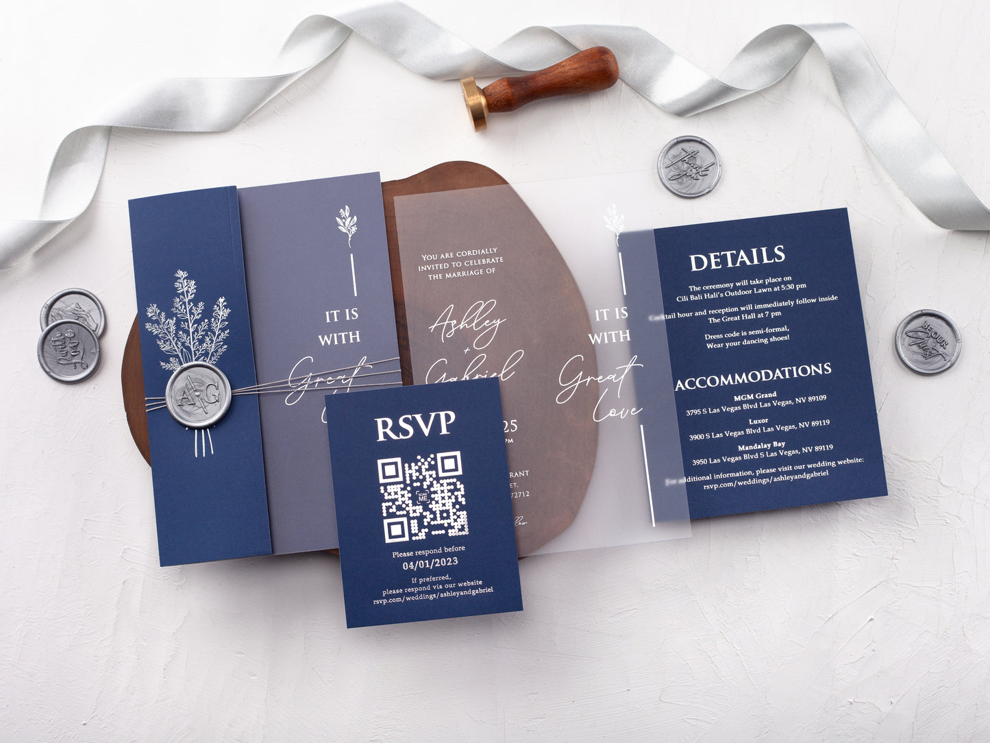 Silver Foiled Acrylic Invitations with Navy Blue Half Jackets