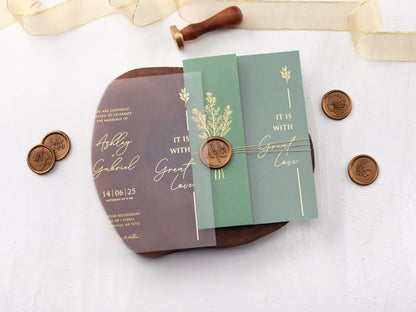 Gold Foiled Acrylic Invitations with Sage Green Half Jackets