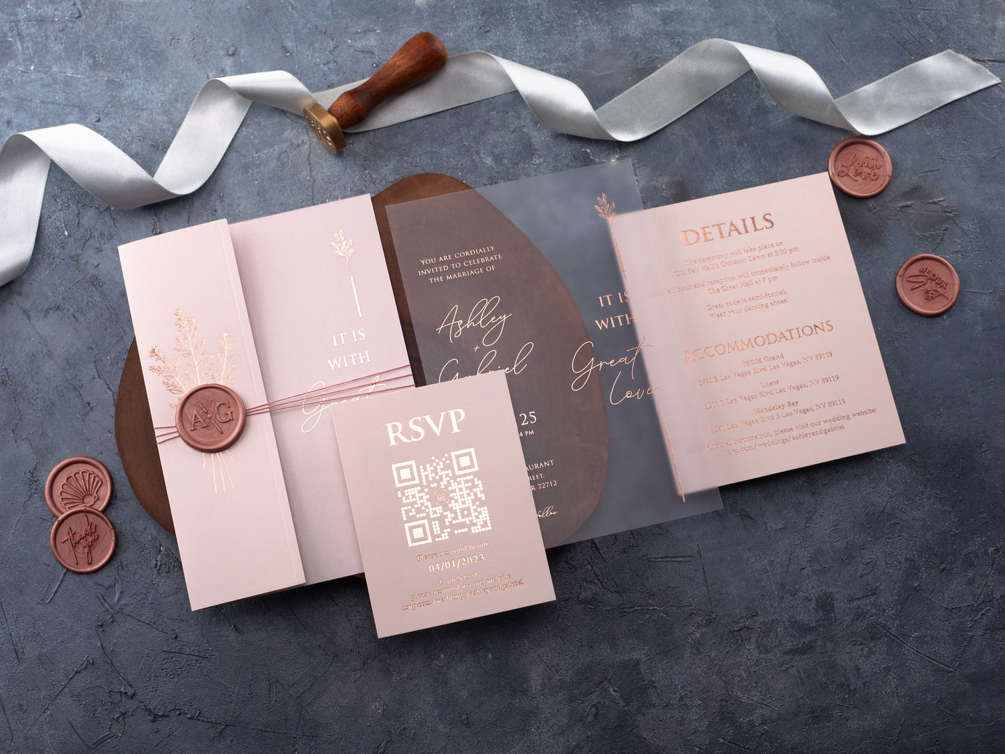 Rose Gold Foiled Acrylic Invitations with Blush Pink Half Jackets