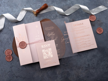 Rose Gold Foiled Acrylic Invitations with Blush Pink Half Jackets