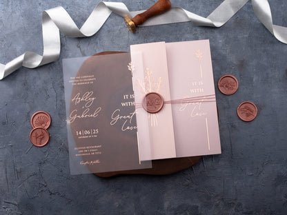 Rose Gold Foiled Acrylic Invitations with Blush Pink Half Jackets