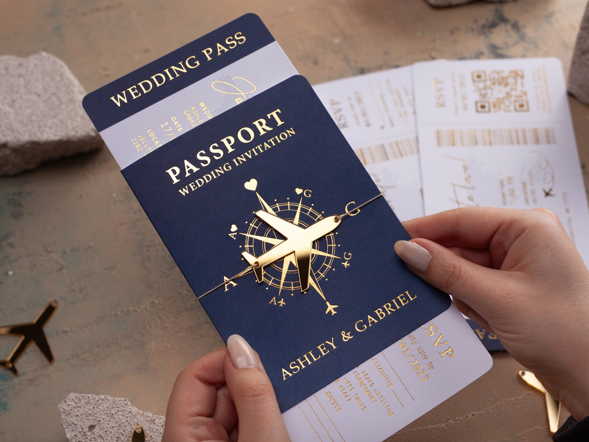 Navy Blue Boarding Pass Wedding Invitations with Gold Accents