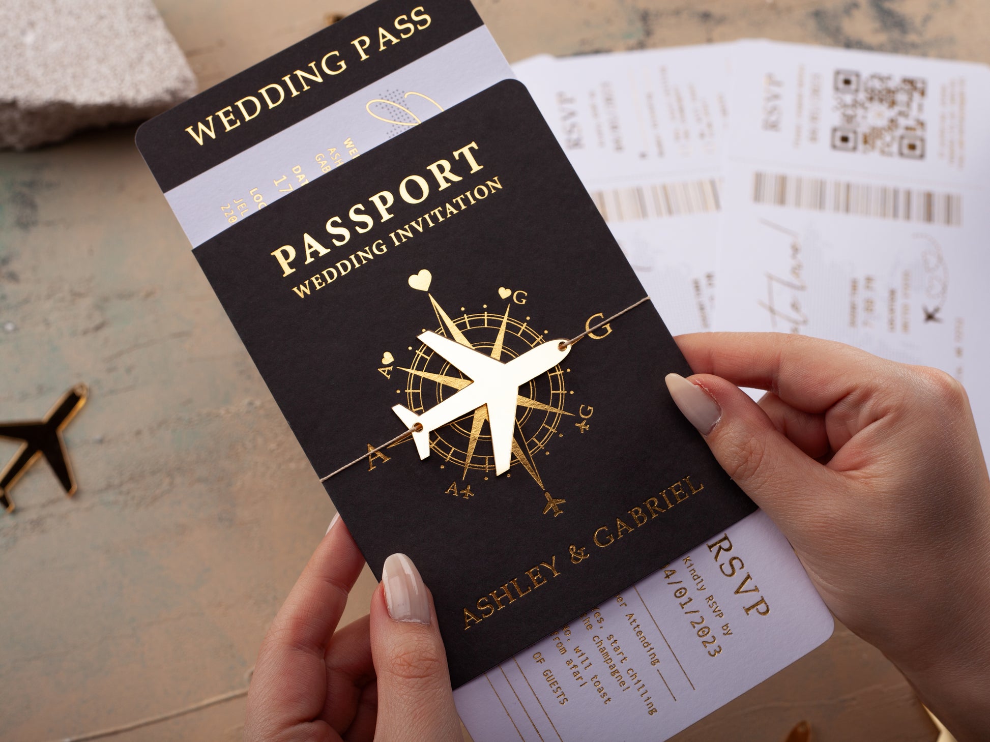 Boarding Pass Invitation, Black and Gold Passport Wedding Invitations