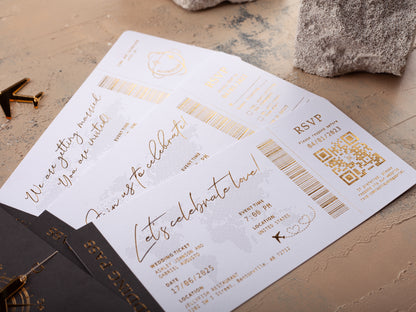 Boarding Pass Invitation, Black and Gold Passport Wedding Invitations