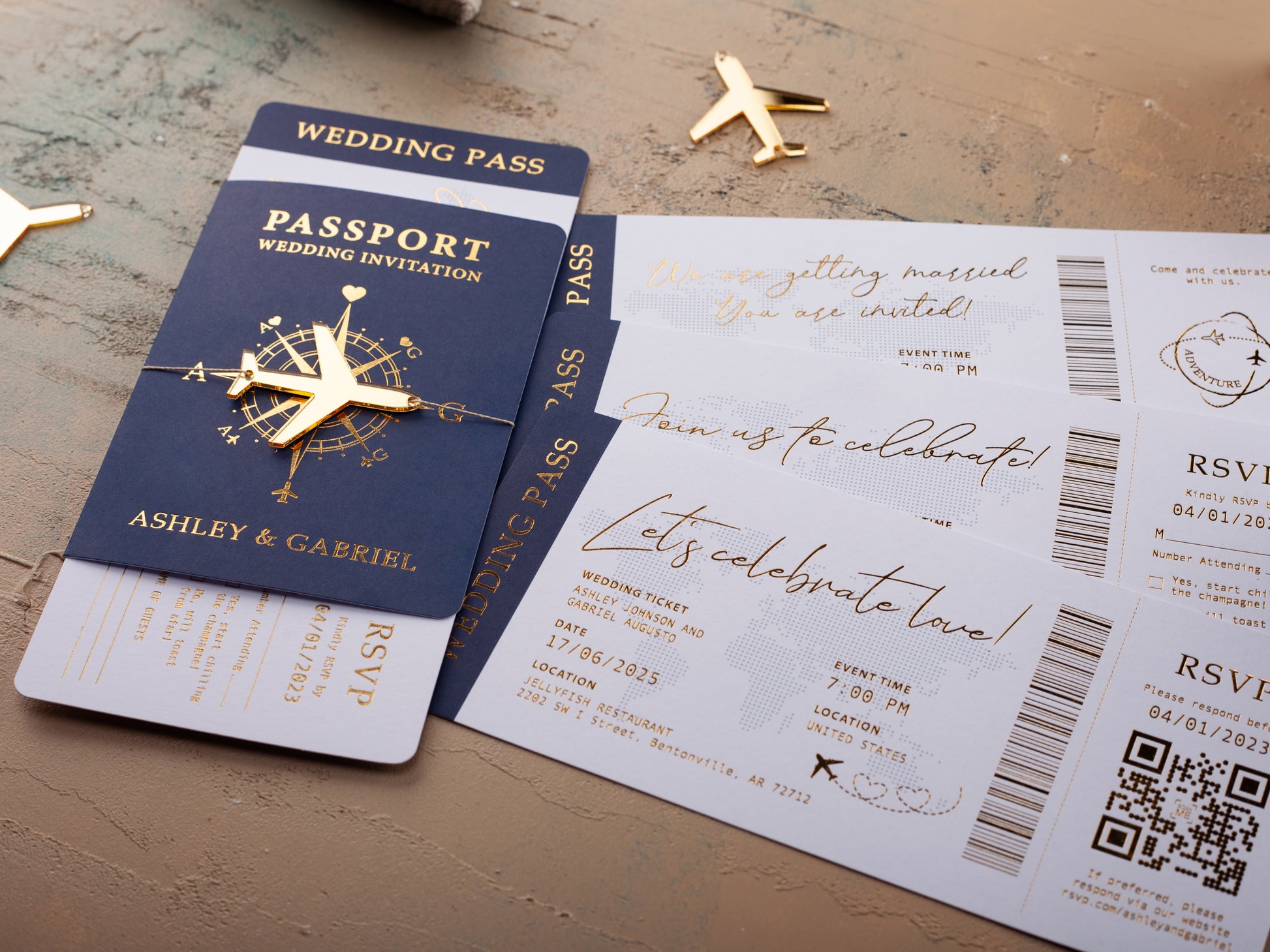 Navy Blue Boarding Pass Wedding Invitations with Gold Accents