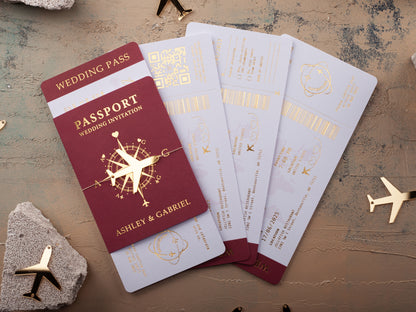 Luxury Passport Wedding Invitation and Acrylic Plane | Gold Foil Boarding Pass